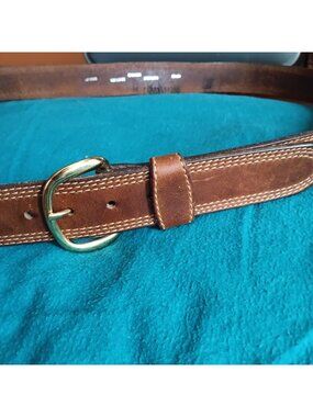 Vintage Mexican Hippie Belt 42 1980's Genuine Leather Brown Brass Buckle 42/105
